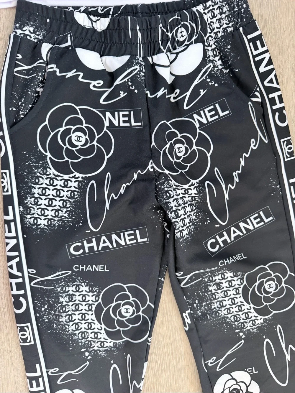 CHANEL White Tee with Black Logo & Black Printed Track Pants size S/M
